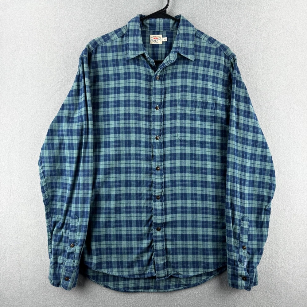 Faherty Shirt Mens Medium Blue Plaid Button Up Long Sleeve Lightweight Flannel